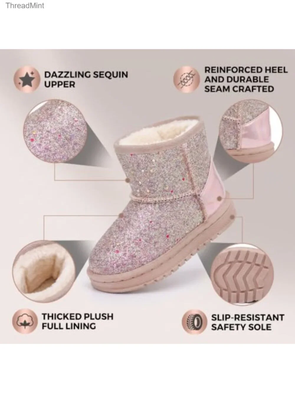 Girls Sequin Princess Snow Boots Faux Fur Lining Slip-On Winter Boots